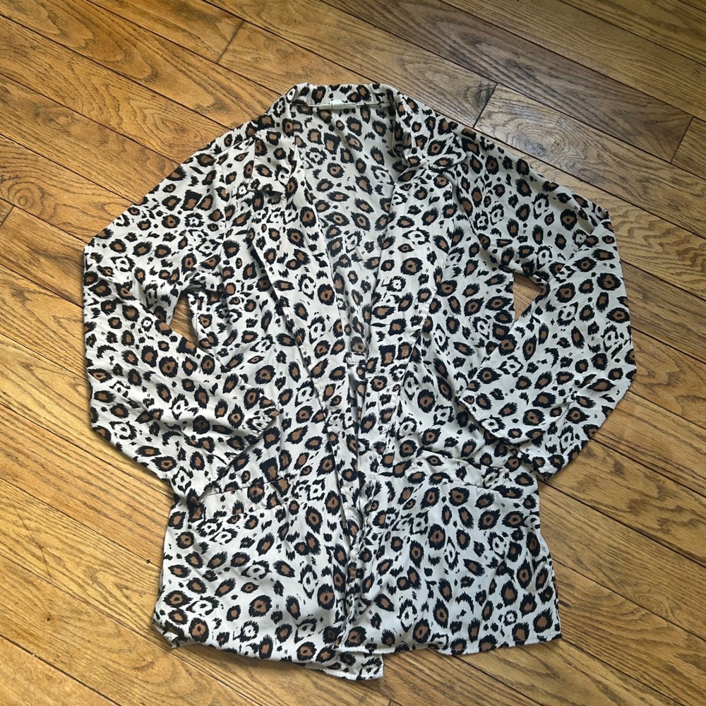 Dana Buchman Leopard Print Open Front Cardigan Jacket Tan Black Medium